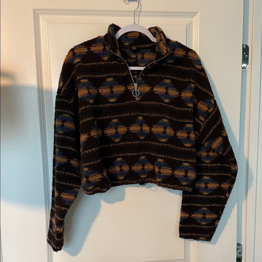 Urban Outfitters Brown and Blue Striped Quarter-Zip Sweater